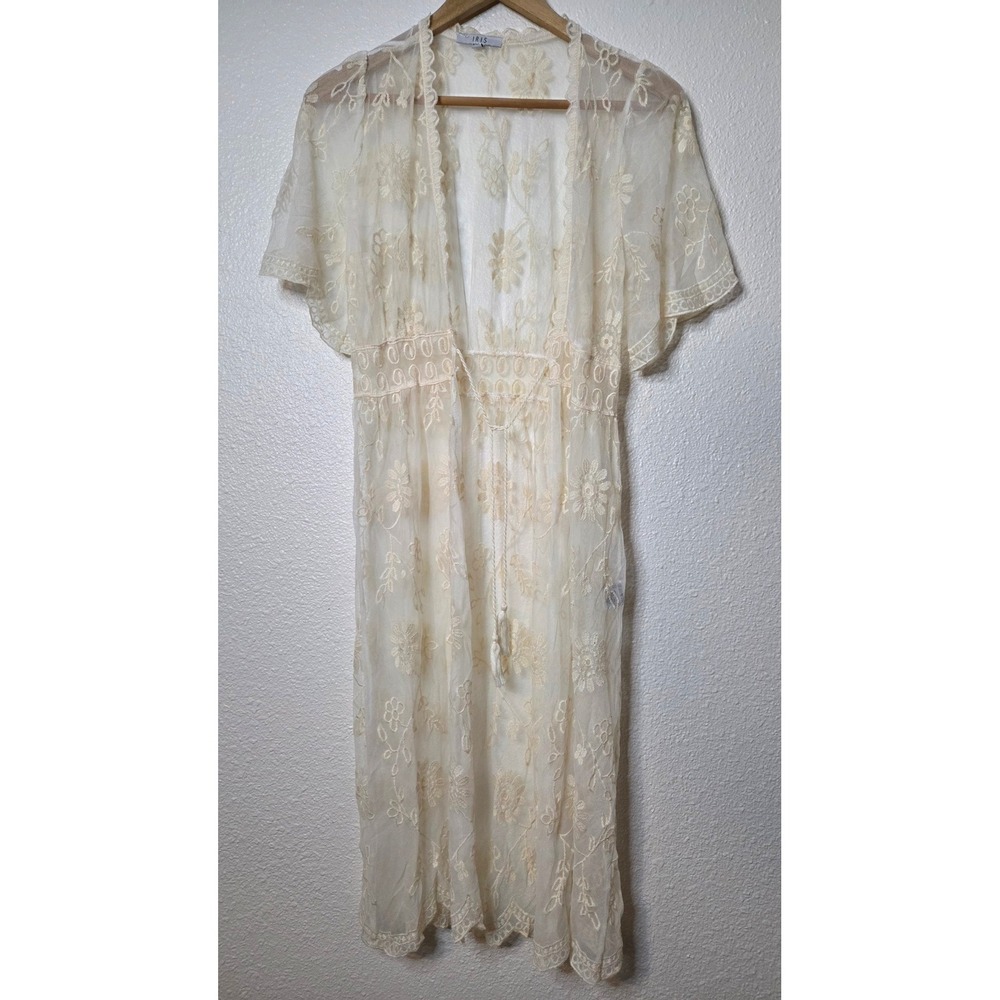 Ivory‎ Lace Duster Kimono Sheer Floral Embroidered Boho Festival Cover Up